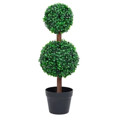 Image of vidaXL Artificial Boxwood Topiary Tree with Pot Dual Ball Shaped, Lush Green Foliage, Indoor/Outdoor 60 cm Decoration