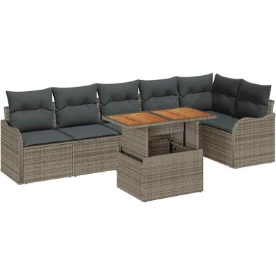 Image of vidaXL 7 Piece Garden Sofa Set with Cushions Grey Poly Rattan Acacia