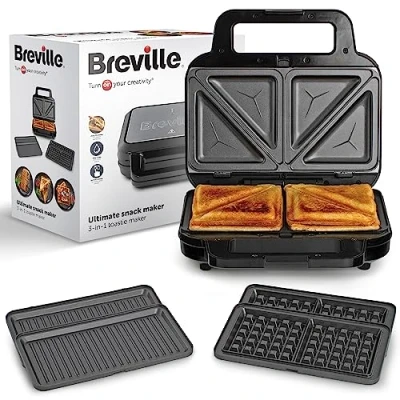 Image of Breville 3 in 1 Ultimate Snack Maker Deep Fill Toastie Maker, Waffle &amp; Panini Press Removable Non Stick Plates Black Stainless Steel [VST098] UK Plug