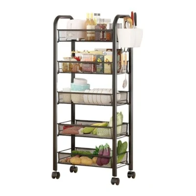 Image of cadciehe Fruit Vegetable Storage Basket, 5 Tier Stackable Metal Mesh Basket with 360 Degree Wheels, Produce Organizer for Kitchen Pantry Bathroom Black