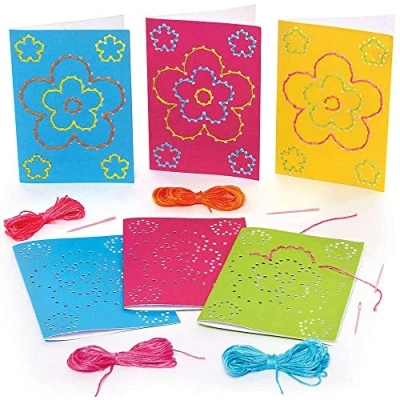 Image of Baker Ross FC740 Flower Threading String Art Card Kits Pack of 6, Sewing Arts and Crafts for Kids, Paper Kit, White
