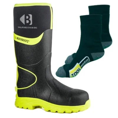 Image of Buckler Buckbootz BBZ8000 Hi Visibility Neoprene Safety Wellington Boots with TM Boot Socks (Yellow/Black, UK Footwear Size System, Adult, Men, Numeric, Medium, 7)