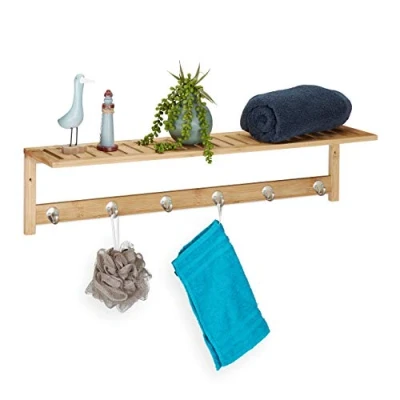 Image of Relaxdays Towel Rack with 6 Hooks and Shelf, for Hallway, Kitchen &amp; Bathroom, Modern, Bamboo, 18 x 75 16 cm, Natural