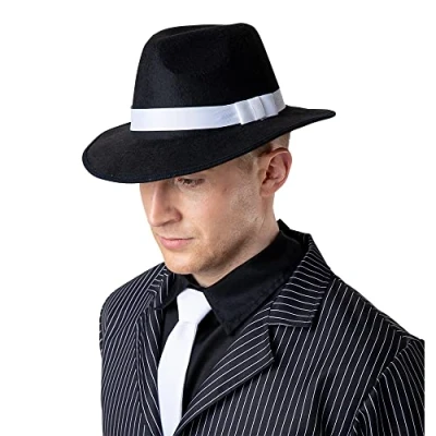 Image of Wicked Costumes Black Gangster Hat with White Band Adult Fancy Dress Accessory