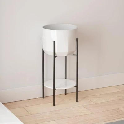 Image of Durovin Bathrooms Ceramic Basin with Free Standing Shelf Stainless Steel Metal Legs &amp; Black Storage 400mm x 680mm(WxDxH)