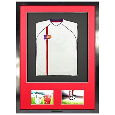 Image of Vivarti DIY Infant 3D Mounted + Double Aperture Sports Shirt Display Frame for Football Shirt, Rugby Band T Shadow Box 50x 70cm Gloss Black Frame, Red Mount, Backing Card