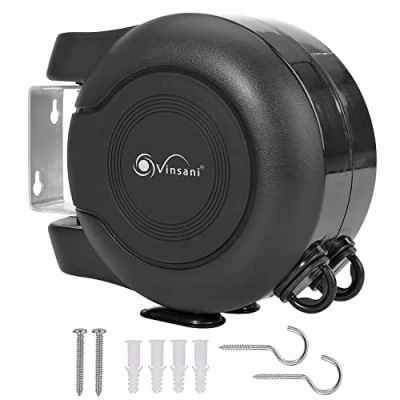 Image of Vinsani 30 metre Retractable Reel Clothes Lines Washing Line with Twin Cable Wall Mounted Heavy Duty Dryer 2 x 15m of Drying Space Outdoor, Full Black
