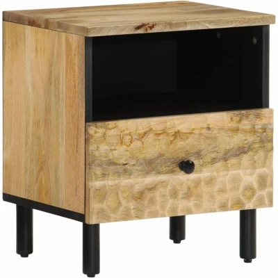 Image of vidaXL Solid Mango Wood Nightstand with Black Finish 40x33x46cm Bedside Table, Iron Legs, Retro Hand Carved Details