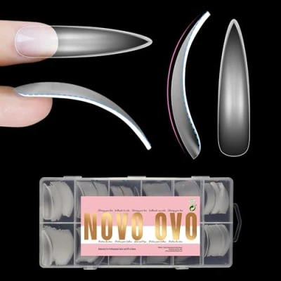 Image of NOVO OVO XXL Curved Almond Stiletto Nail Tips Press on Full Cover, Soft Gel X Extra Thick Long XL Acrylic Fake Nails Extension Kit, Clear Pre etched French False 12 Sizes 240 Pcs