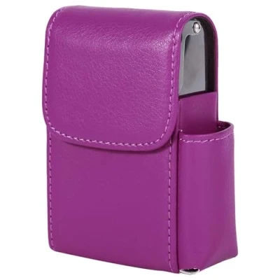 Image of Agatige Cigarette Case, PU Leather Storage with Lighter Holder, Rose Red, Closable Lid, Stainless Steel