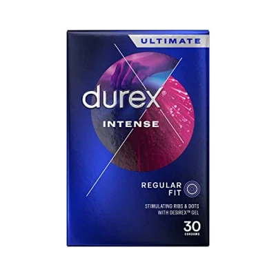 Image of Durex Intense Condoms, Regular Fit, 30s, Easy On Shape, Dotted and Ribbed, Extra Stimulation, With Desirex Gel