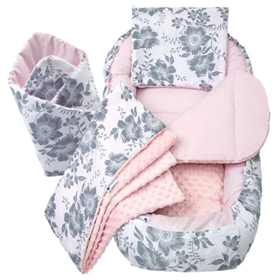 Image of Medi Partners 5pcs Set with Baby Nest 100x60x15cm Removable Insert Flat Cushion Blanket Babyhorn for Babies Newborns 100% Cotton (Berry pink Plush)