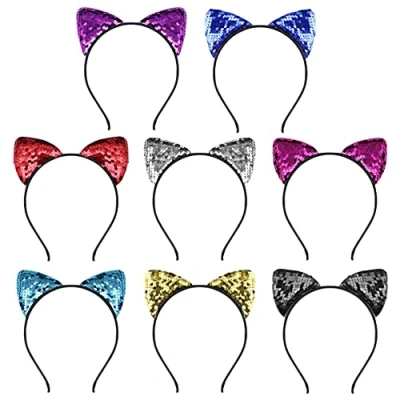 Image of FRCOLOR 8 Pieces Sequin Cat Ears Headbands, Reversible Shiny Hair Hoops Bling Hairband Accessories for Women Girls