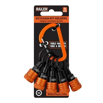 Image of Railer Bit Holder Keychain 5pc 1/4 inch Hex Shank Holders Quick Release For Nut Driver, Screwdriver &amp; Drill Bits w/Key Chain Carabiner