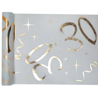 Image of Santex Table Runner, 30 cm x 5 m, White and Gold, Polyester, Years Pattern