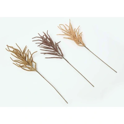 Image of HOMESCAPES Set of 3 Orange &amp; Brown Artificial Single Stem Autumn Heather Flower 82 cm Tall Faux Silk Pampas Decoration for Bouquet or Floral Arrangement