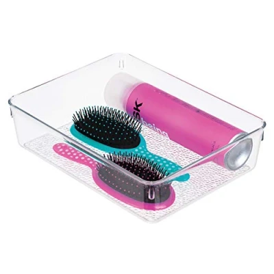 Image of iDesign Rain Bathroom Storage Tray, Makeup Box, Made of Plastic, Clear, Long,22.9 x 30.5 7.6 cm