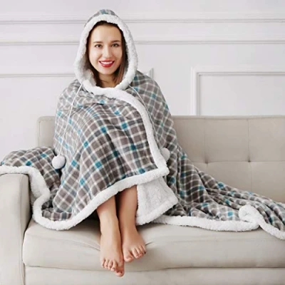 Image of YORKSHIRE HOMEWARE Super Soft Warm Sherpa Fleece Wearable Hoodie Blankets Throws Animal Skin Print Check Designs 130 x 180 cm (Check)