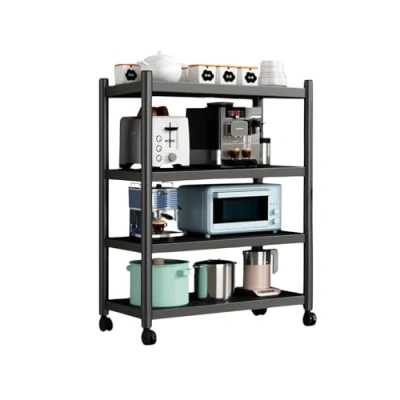 Image of Storage Shelf, Metal Shelf with Wheels, Shelving Unit Rack, Standing Multipurpose Furniture for Kitchen, Bathroom, Bedroom, Garage, Living Room 4 Shelves, Black.