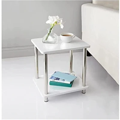 Image of Norsk White High Gloss Stainless Steel Legs Small Sofa End Table Snack Side for Couch Coffee Living Room