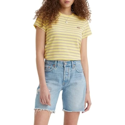 Image of Levi&#039;s Women&#039;s The Perfect Tee Striped Chesthit Logo T Shirt, Cool Stripe Powdered Yellow, XS