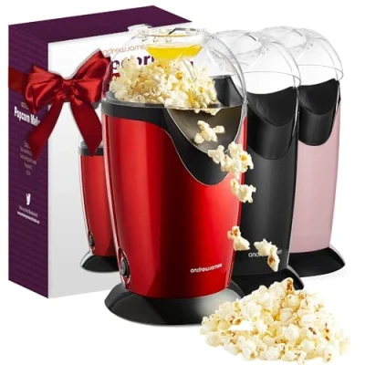Image of Andrew James Popcorn Maker Machine, Healthy Air Popper, Machine with 8 American Cinema Style Boxes, 1200W, Red