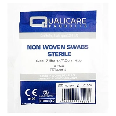 Image of Qualicare None Woven 4PLY Sterile Gauze Medical Swabs Single Pack, 7.5cm x Sqaure 1 Pack (5 Swabs)