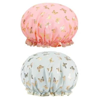 Image of Bath Caps Elastic Band Waterproof Shower With Ruffled Edge Covering Ears Keeping Hair Dry Kitchen Oil proof Cap for Girls and Women (butterfly)