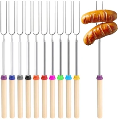 Image of 10 Pcs Marshmallow Toasting Forks, Sticks for fire Pit, 32&quot; Extendable Telescoping Smores Sticks,Long Roasting Barbecue Forks BBQ Skewers Camping Accessories