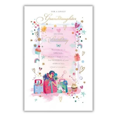 Image of Words and Wishes Lovely Granddaughter Birthday Card Cupcakes Gifts with Foil Flitter Details Eco Friendly Recyclable