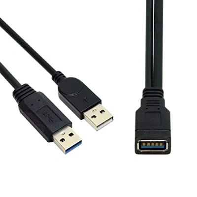 Image of cablecc 6840734 Black USB 3.0 Female to Dual Male Extra Power Data Y Extension Cable for 2.5 inch Mobile Hard Disk