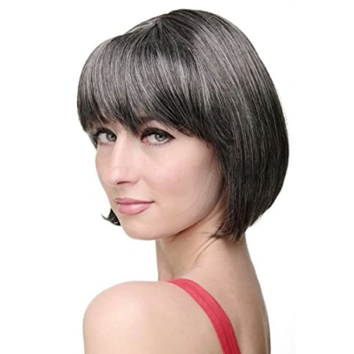 Image of Wig ME UP Lady Quality Short Page Bob Fringe Bangs Dark Brown and Grey Streaks 703 44