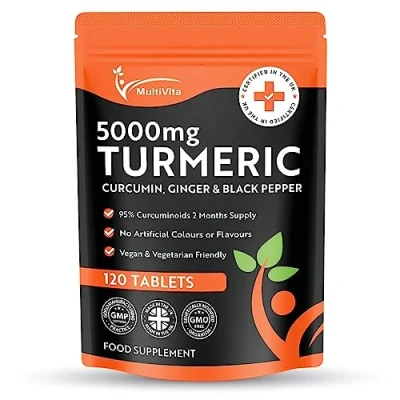 Image of Turmeric Tablets 5000mg with Black Pepper &amp; Ginger 120 High Strength Curcumin Supplements and (Not Capsules or Powder) Vegan Gluten Free