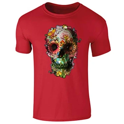 Image of Floral Skull Skeleton Flowers Womens T Shirt Red UK 16 18 (Plus Size XL)
