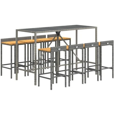 Image of vidaXL 9 Piece Garden Bar Set Grey Poly Rattan&amp; Solid Wood Acacia
