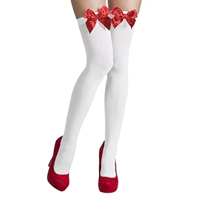 Image of Boland Ladies Stockings, Hold Ups, Opaque, Over the Knee Socks, Halloween, Fancy Dress, Adult, One Size (UK, Alpha, Size, Regular, White/Red)