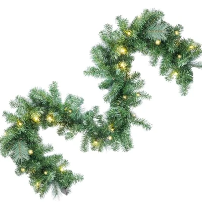 Image of GloBrite 9FT (2.7m / 270cm) Christmas Garland w/ 40 Warm White LED Lights (250 Tips) Pre Lit Fireplace Decoration, Battery Powered Garlands for Home Decoration