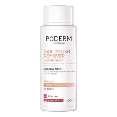 Image of PODERM Nail Polish REMOVER EXTRA MILD TEA TREE Quick &amp; Easy Removal Acetone Free Fortifying Nourishing Perfect for Delicate Nails 100ml Swiss Lab