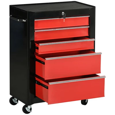Image of HOMCOM 5 Drawer Lockable Steel Tool Storage Cabinet with Wheels Handle 2 Keys Organisation Box Unit Chest Garage DIY Workshop Trolley Red
