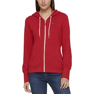 Image of Tommy Hilfiger Women&#039;s Zip up Hoodie Classic Sweatshirt Drawstrings and Hood, Scarlet, XS