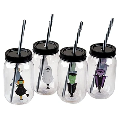 Image of Gem Imports Halloween Kids Reusable Plastic Drinking Mason Jar Cups Lid &amp; Straw (Set of 4)