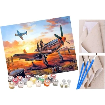 Image of ToeTs Paint by Numbers for Adults and Kids Beginner Kits with Brushes Acrylic Pigment DIY Canvas Painting Vintage fighter jet at sunset 16 x 20 inch Hand painted toy gifts