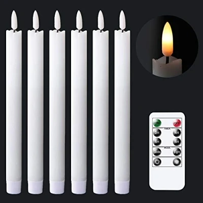 Image of Eldnacele Flameless White Taper Candles Flickering with Remote and Timer, Battery Operated LED Warm 3D Wick Light Window Real Wax Pack of 6, Christmas Home Wedding Decor(0.78 X 9.64 Inch)