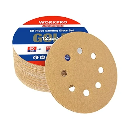 Image of WORKPRO 50Pcs Sanding Discs 125mm, 80 120 240 Mixed Grits Hook and Loop Sandpaper, 3 Times Stronger Orbital Sander with 8 Holes, Ideal for Grinding, Polishing Rust Removal