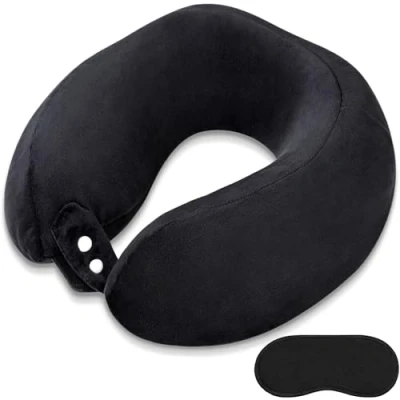 Image of FEUFOAM Travel Pillow Neck With Velvet Cover Adjustable Airplane for Sleeping Head and Support Memory Foam Pillows Adults Train Bus Office Home Black
