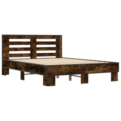 Image of vidaXL Engineered Wood and Metal Bed Frame 120x200 cm Smoked Oak Double with Plywood Slats Supportive Headboard