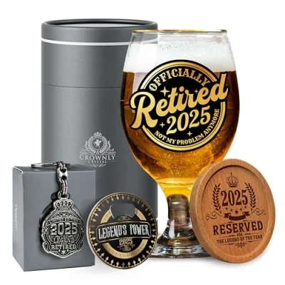 Image of CROWNLY CRYSTAL® 2024 Retirement Gifts for Men Personalised Beer Glasses Old Man Him Decorations Gift Ideas Presents Uncle Dad Grandad