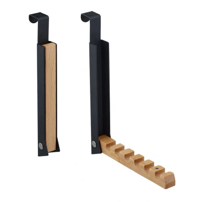 Image of 2x Foldable Door Hanger, for Clothes, Coats, Suits, Hooks 6 Items, Metal &amp; Wood, Fits 2 cm Doors, Black Relaxdays