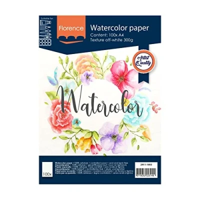 Image of Vaessen Creative Florence Watercolour Paper A4, Ivory, 300 GSM, Artist Grade Quality, Textured Surface, 100 Sheets for Painting, Handlettering, Art Projects