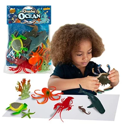 Image of Deluxebase Jumbo Playset ocean from large Animal Figures Toy Set. Bag of toys including Shark, Crab, Sea Turtle, Octopus, Starfish and Seahorse. Perfect sealife for kids